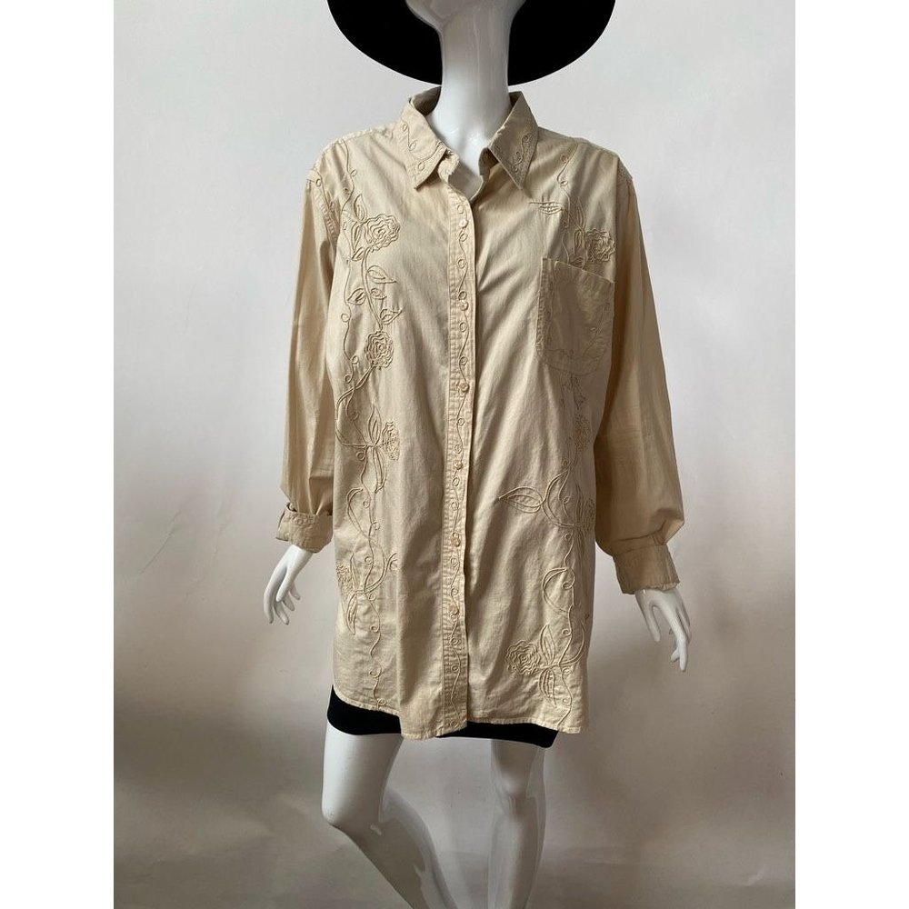 Cascade Blue Womens Button Down Shirt Beige Floral Embroidered Pocket Plus 2X